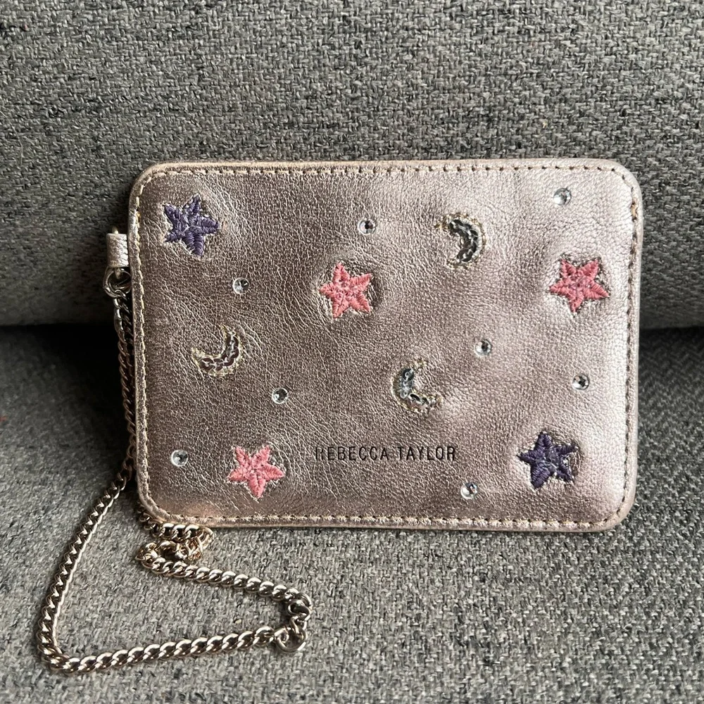Rebecca Taylor metallic leather ID cardholder wallet with chain.